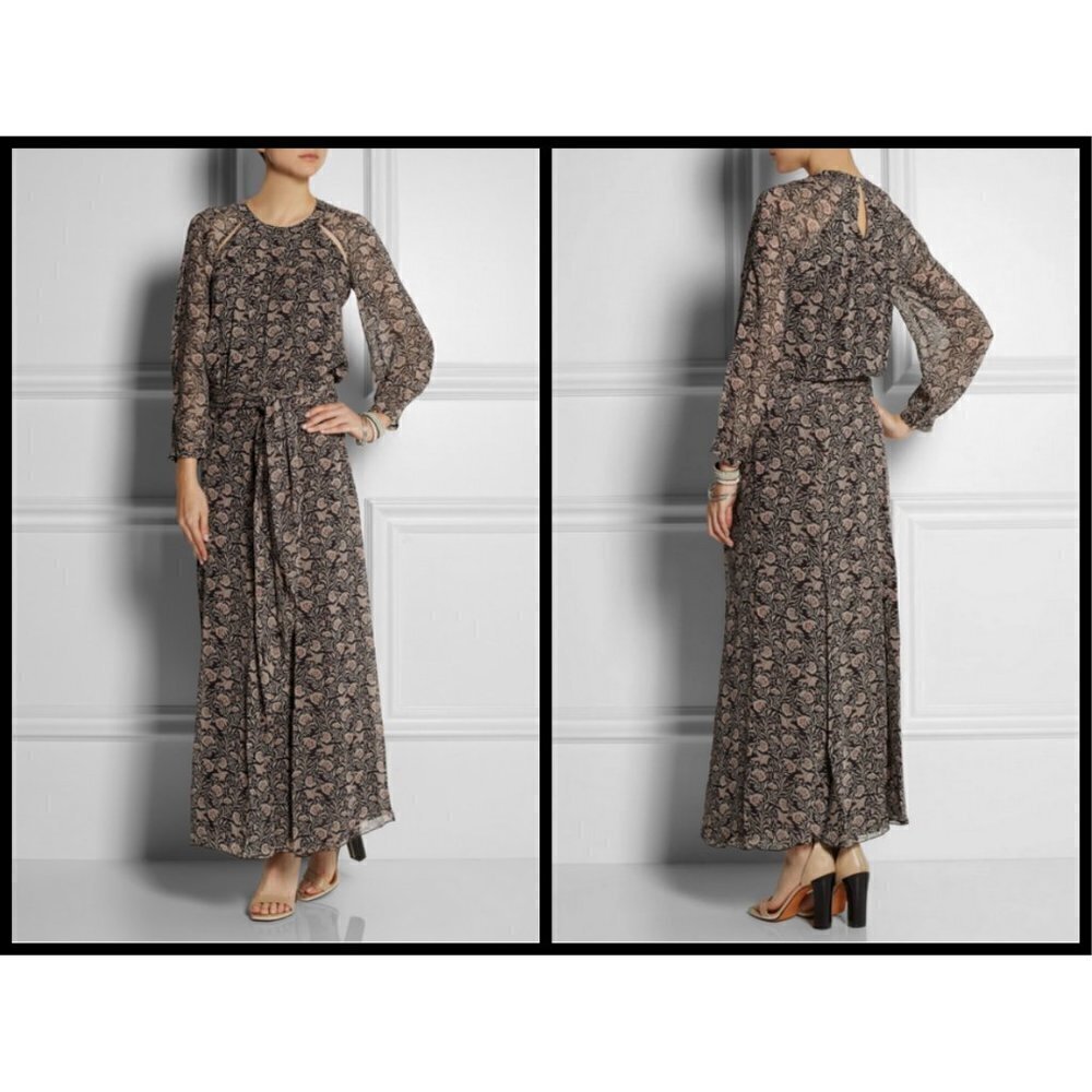 💕ISABEL MARANT💕 Drecious Printed Georgette Maxi Dress Mushroom Bird Floral 42